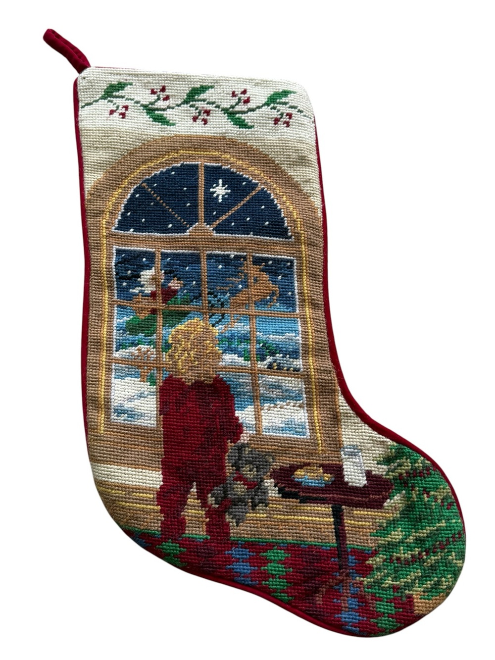 Vintage Wool Needlepoint Christmas Stocking Santa Reindeer Grandmillennial Decor